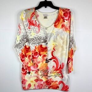 Monroe & Main women red orange yellow floral rose Cottagecore sweater cardigan